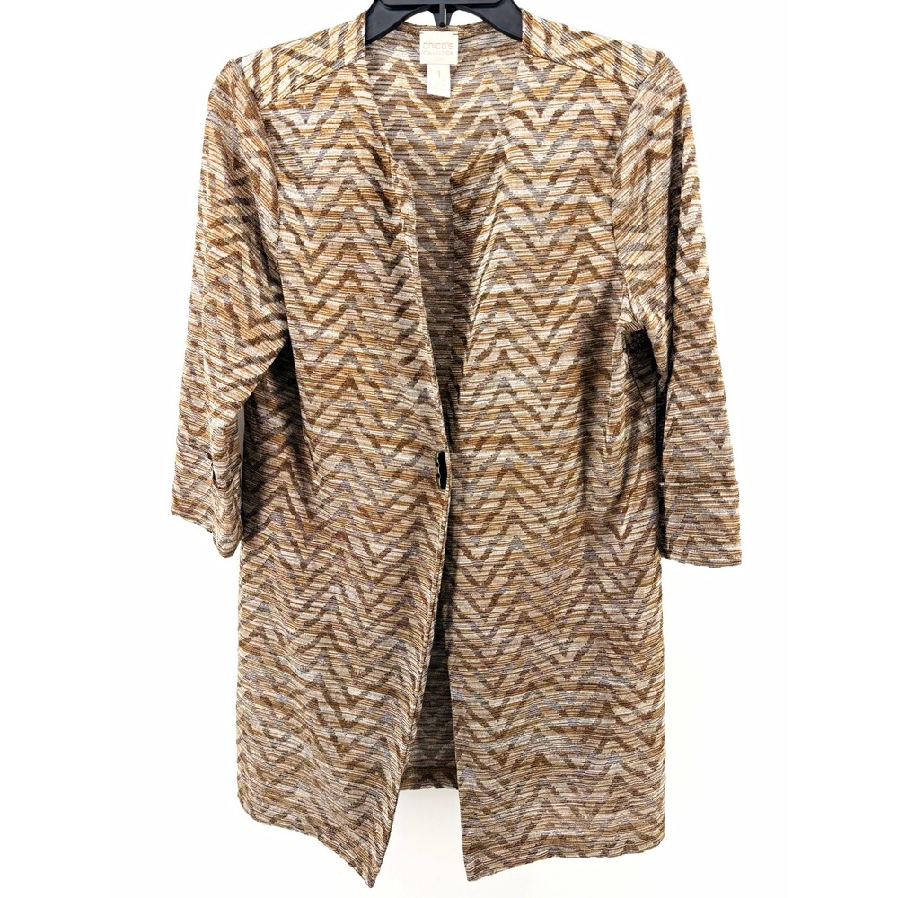 Chico's Collection Chevron Cardigan Women's Size 1 Brown Tan Gray Open Front